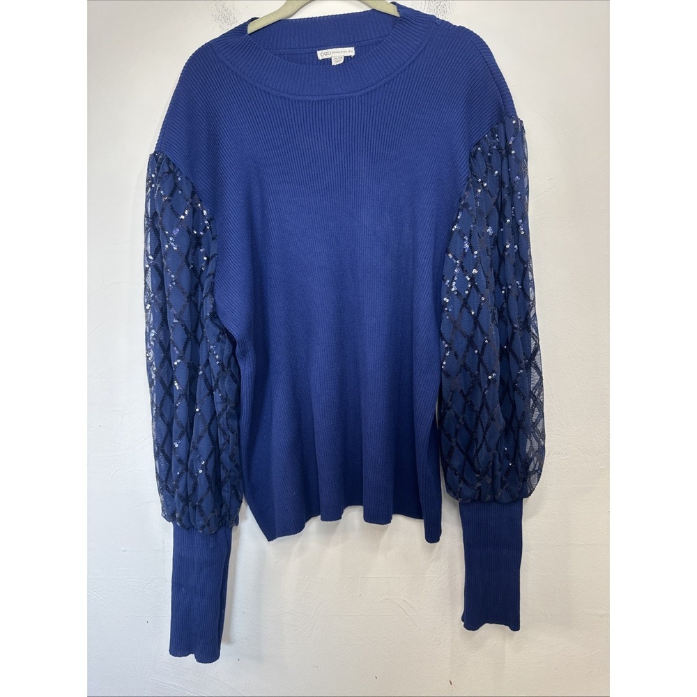 Cato Women's Plus Size 26/28 Blue Ribbed Knit Puffy Sequined Long Sleeves Top